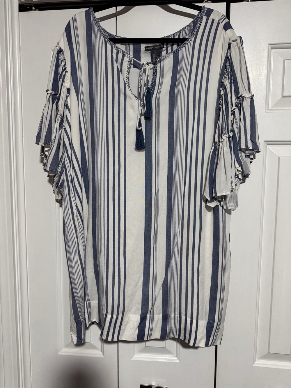 Woven Navy and White Striped Ruffle Sleeve Dress